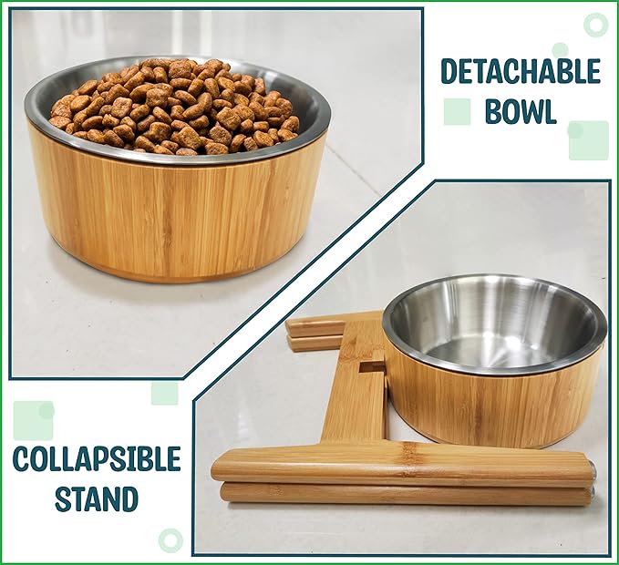Raised Dog Bowl - Elevated 12-inch, Large Breeds Treats, Dry and Wet Foods Suitable - Deter Ants/Bugs, Resist Tip-Over - Bamboo/Steel Bowls