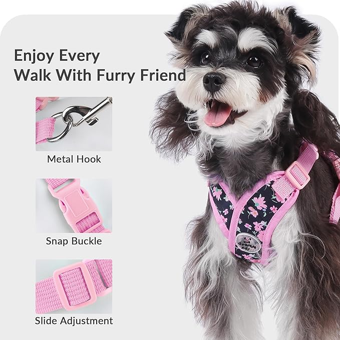 Patas Lague Dog Harness with Leash Set Adjustable Soft Padded Step-in Dog Vest No Choke No Pull Reflective for Small Medium Pets with Poop Bags and Dispenser, Solid and No-chew, Floral Pink S