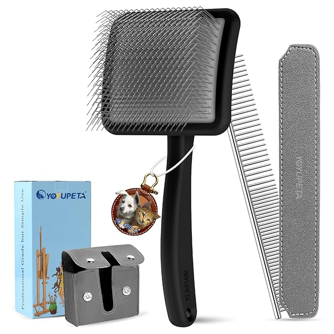 Large Long Pin Slicker Brush & Comb for Poodles, Goldendoodles & Cockapoos, Long Hair Dogs & Cats, Detangler Brush for Shedding & Matted Fur, Ergonomic Wooden Handle, Leather Sleeves. Black