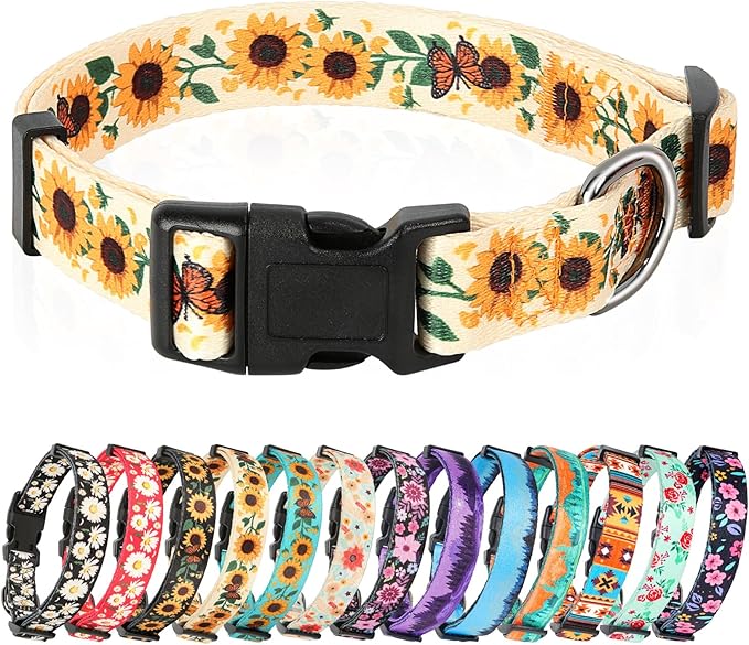 HEELE Dog Collar, Adjustable Soft Dog Collar for Small Medium Large Dogs,Sunflower Floral Patterned Puppy Collars with Quick Release Buckle Sunflower Yellow L Length 15.94''-25.59'