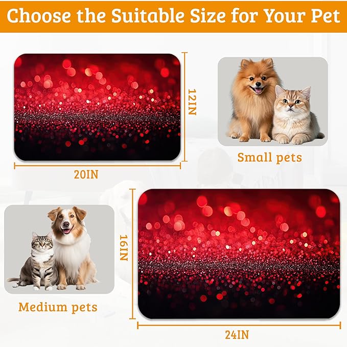 Red Gradienr Feeding Mat,Black Glitter Absorbent Quick-Dry Cat Dog Food and Water Bowl Mats,Non-Slip Rubber Backing Mat,Cat Dog Accessories Supplies 12" x 20"