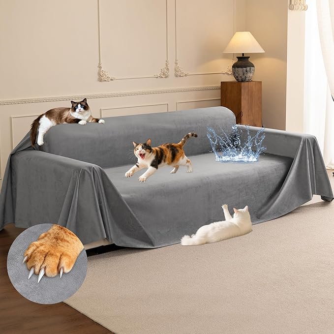 Loiion Cat Scratch Furniture Protector - Ultra Soft, Waterproof Sofa Cover to Keep Cats Off, Pet-Friendly Couch Protectors for Love Seat, Anti-Slip Couch Cover for Pets and Kids 150"X71" Grey