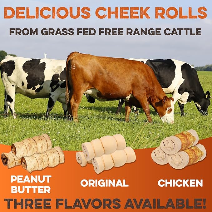 Premium Beef Cheek Rolls for Dogs 10-12" - (5-Pack), Peanut Butter Flavored Long Lasting, Safe & Natural Rawhide Alternative Chews, Ideal for Large Dogs & Aggressive Chewers, Supports Dental Health