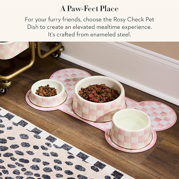 MACKENZIE-CHILDS Enamel Pet Bowl, Cute Cat and Dog Bowl for Food and Water, Small, Pink-and-White Rosy Check