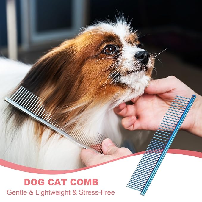 Dog Cat Comb, Pet Combs Stainless Steel Teeth with Rounded Ends for Knots Mats Loose Hair Removal, 6.5IN (Blue Plated, 3 Pack), Grooming Tool Intended for Long Curly Hair Pet