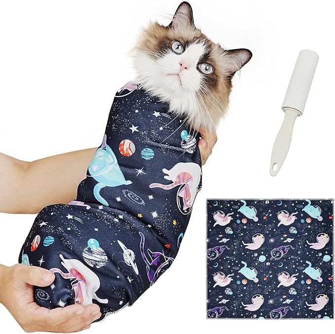 Supet Cat Grooming Wrap for Cutting Nails, 2025 Self-Adherent Cat Wrap, Anti-Escape Calming Cat Swaddle Wrap for Medicine, Nail Clipping, Teeth Brushing, Ear Cleaning (Space, XL)