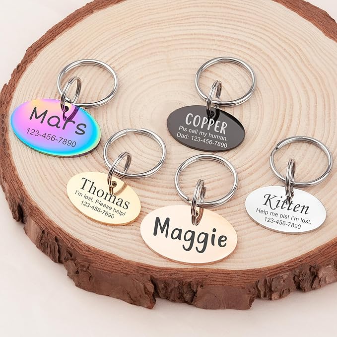 Anavia Personalized Pet ID Tags, Stainless Steel Glossy Laser Engraved Dog Cat Collar Name Tags, Multiple Colors Shapes Sizes (Oval, Regular)