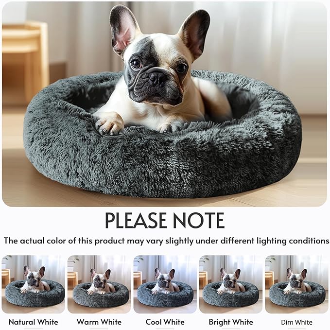 JOLLYVOGUE Calming Dog Bed for Small Dogs - 23 inches Donut Washable Small Dog Bed for Kittens & Puppies, Anti-Slip Round Fluffy Plush Faux Fur Cat Beds (Fits up to 25 lbs Pets, Navy Grey)