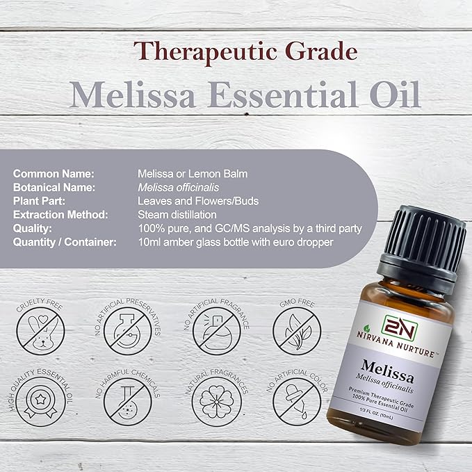 Nirvana Nurture Melissa Essential Oil 100% Pure Premium Therapeutic Grade, Undiluted - Aromatherapy Diffuser for Calm and Relaxation, Skin Care, Hair Care