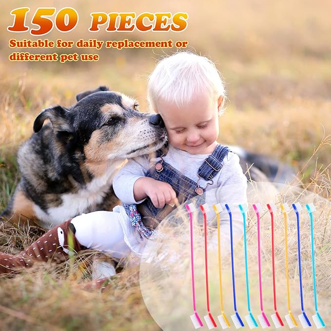 Nuenen 150 Pcs Dog Toothbrush Dual Headed Dental Brushes Puppy Tooth Brushing Kit Long Handle Toothbrush for Large and Small Dogs Cats Most Pets Teeth Cleaning Oral Care Supplies (Vibrant Color)