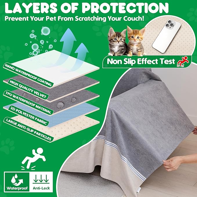 Cat Scratch Furniture Protector - Anti-Slip, Waterproof Sofa Cover to Keep Cats Off, Pet-Friendly Couch Protectors for 3 Cushion Couch, Anti-Scratch Couch Cover for Pets and Kids 150"X91"Dark Gray