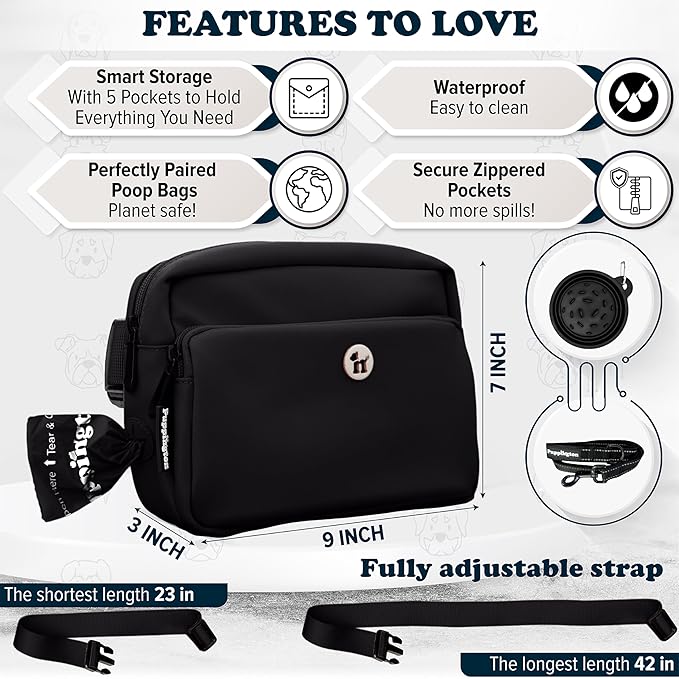 Puppington 3-in-1 Crossbody Dog Treat Pouch for Pet Training - Compostable Poop Bags, Built-In Poop Bag Dispenser, Slow-Feeding Travel Dog Bowl & Reflective Leash - Dog Walking Bag (Onyx Black)