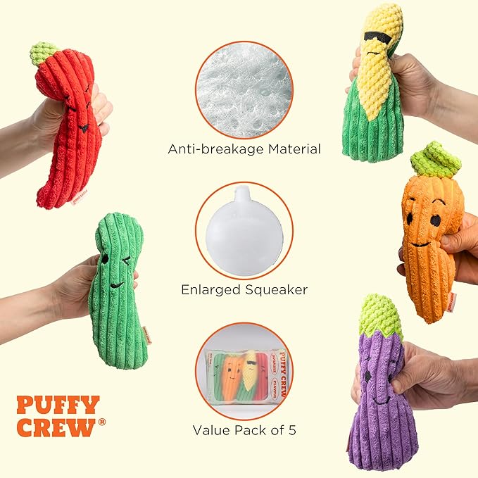 Squeaky Dog Plush Toy, Veggie Bite_Stick Collection, 8'', for Small and Medium Dogs (5 in 1)