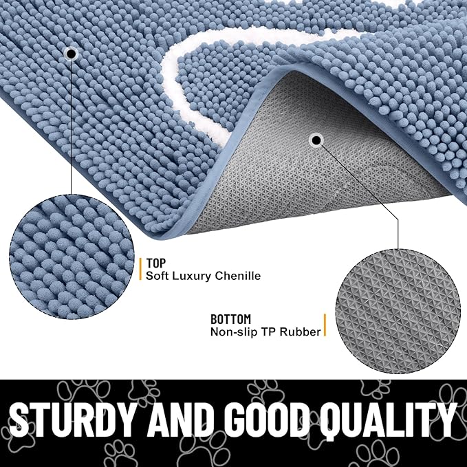 Smiry Dog Door Mat for Muddy Paws, Absorbent Dirt Trapper Non Slip Quick Dry Washable Chenille Mat for Mud Dogs, Entry Rug for Indoor and Outdoor (47x24 Inches, Airy Blue and White)