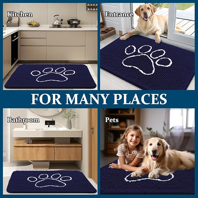 OLANLY Dog Door Mat for Muddy Paws 36x24, Paw Print Design, Absorbs Moisture and Dirt, Absorbent Non-Slip Washable Doormat, Quick Dry Chenille Mud Mat for Dogs, Entry Indoor Entryway Carpet, Navy Blue