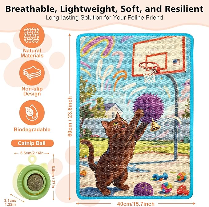 Cat Scratching Mat with Bonus Adhesive Catnip | All-in-One 23.6x15.7 Inch Sisal Scratcher for Wall/Floor, Stops Couch Carpet Scratching, Durable Anti-Slip