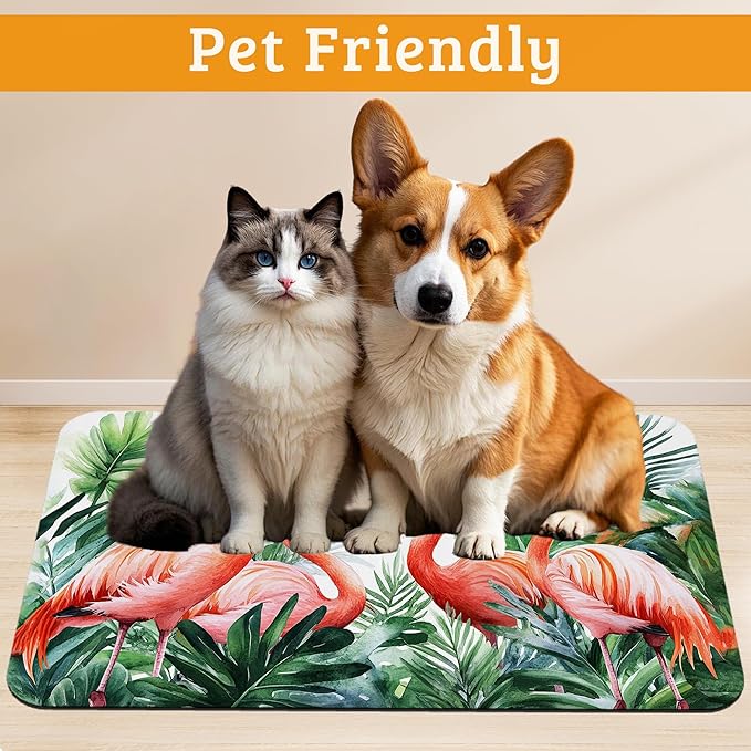 Pink Flamingo Dog Food Mat,Plam Leaves Absorbent Pet Feeding Mat for Food and Water Bowl,Quick Dry Dog Placemat Non Slip Rubber Backing Waterproof Pet Supplies 12" x 20"