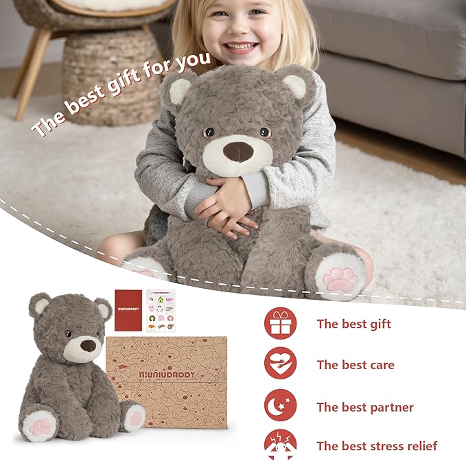 Niuniu Daddy 14" | 3.5 Pound Weighted Teddy Bear Stuffed Animal for Kids Adults, Giant Brown Bear Plush Toy Body Pillow, Weighted Beads for Stuffed Animals for Birthday Christmas Holiday Presents