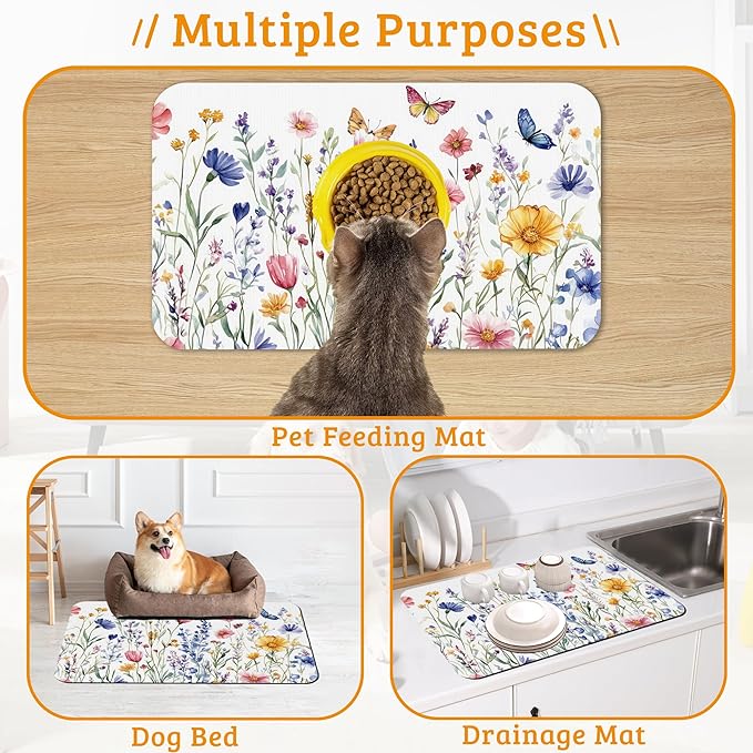 Flowers Butterfly Dog Food Mat,Colorful Absorbent Pet Feeding Mat for Food and Water Bowl,Quick Dry Dog Placemat Non Slip Rubber Backing Waterproof Pet Supplies 16" x 24"