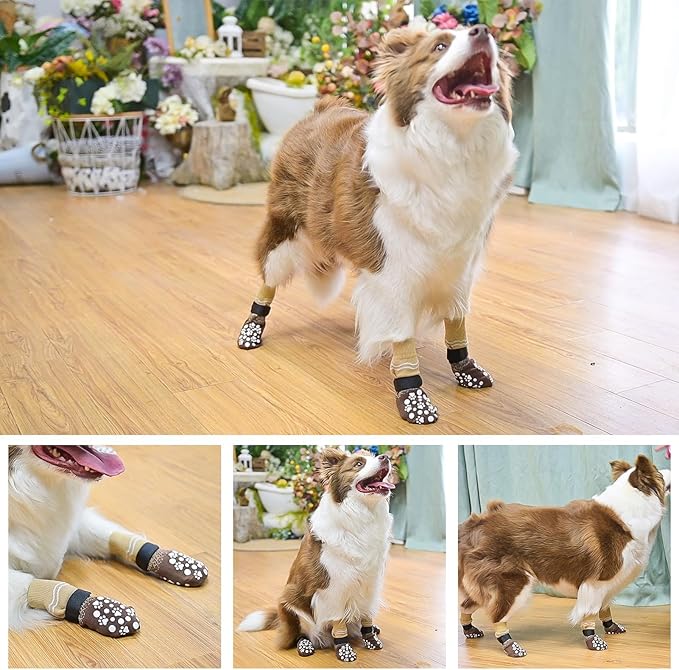 BINGPET 6PCS Dog Socks to Prevent Licking Paws with Grippers for Hardwood Floors Anti Slip, Winter Pet Shoes Booties, Extra-Thick Grip Dog Boots & Paw Protectors for Small Medium Large Senior Dogs, L