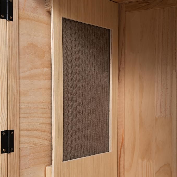 Large Wooden Cat House on Wheels, Indoor Cat Villa with Condo, Multi Platforms, Scratchers, Vent, Litter Box Area, Clear Doors, Cat Cage Enclosure for Kittens & Adult Cats (Natural Wood)