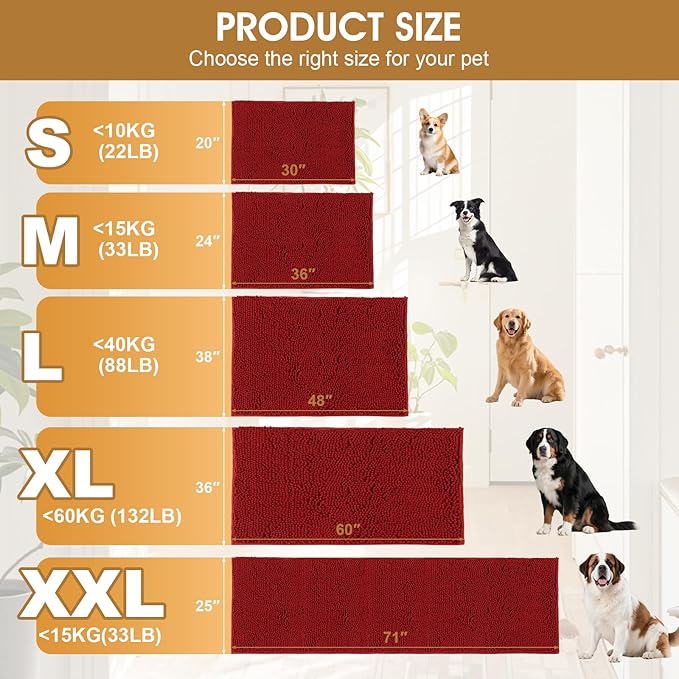 Extra Large Dog Door Mats for Muddy Paws, 60" x 36" Christmas Chenille Absorbent Mud Mat for Dogs, Non Slip Heavy Dog Rugs For Muddy Paws, Soft Indoor Door Mat for Entryway, Mud Paw, Inside Floor, Red