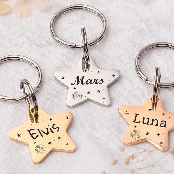 Anavia Small Size Dog Cat ID Tags, Small/XS Personalized Color Plated Stainless Steel Puppy Kitten Name Tags, Customized Engraved Nameplate Pet Collar Tag (Gold, Star)