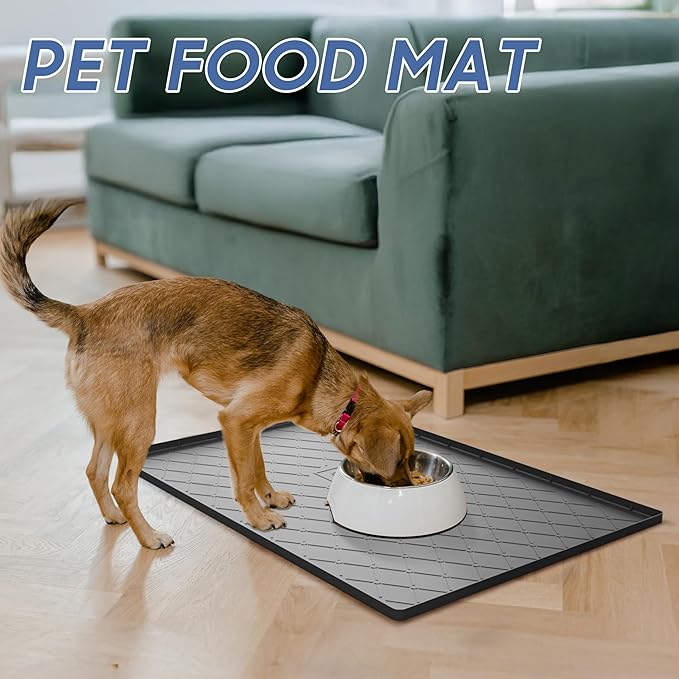 URMONA Large Dog Food Mat, 40" x 22" Pet Food Mat, Waterproof Dog Cat Food Mat with Raised Edges, Silicone Pet Food Mat, Dog Accessories, Prevents Food Spills, Protects Floors（Beige）