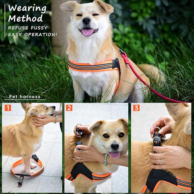 Dog Harness No Pull Ultra Soft Breathable Padded Pet Harness 2 Adjustable Botton, 3M Reflective Pet Harness for Dogs Easy Control for Small Medium Large Dogs (S, Bright Orange)