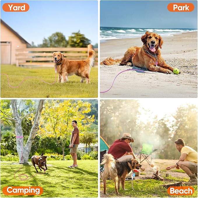 Tresbro 50FT Reflective Tie Out Cable for Dogs Up to 250 Pounds, Steel Wire Lead Leash Cable with Stainless Rotatable Buckle, Lightweight and Enduring, Dog Chains Outside for Outdoor, Yard, Pink