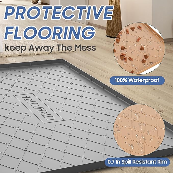 URMONA Large Dog Food Mat, 28" x 22" Pet Food Mat, Waterproof Dog Cat Food Mat with Raised Edges, Silicone Pet Food Mat, Dog Accessories, Prevents Food Spills, Protects Floors（Black）