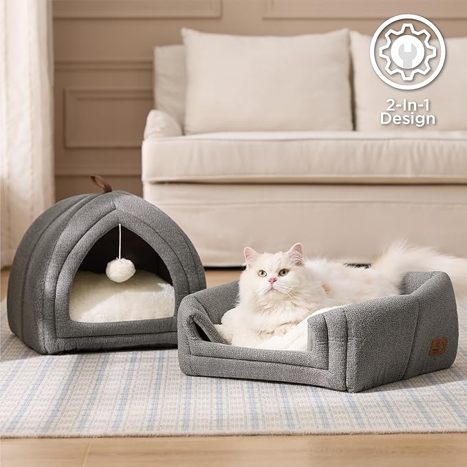 Bedsure Cat Beds for Indoor - 2 in 1 Cat Cave House Tent for Kittens and Small Pets with Removable Washable Cushioned Pillow, Foldable Kitten Hideaway with Non-Slip Bottom, Beige, 16 inches