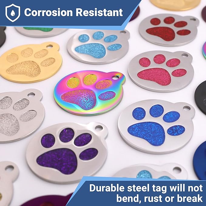GoTags Paw Print Round Stainless Steel Pet Tag for Dogs and Cats, Personalized with 4 Lines of Custom Engraved ID with Silencer, in Stainless Steel and 15 Colors Small and Large, Glitter Pink