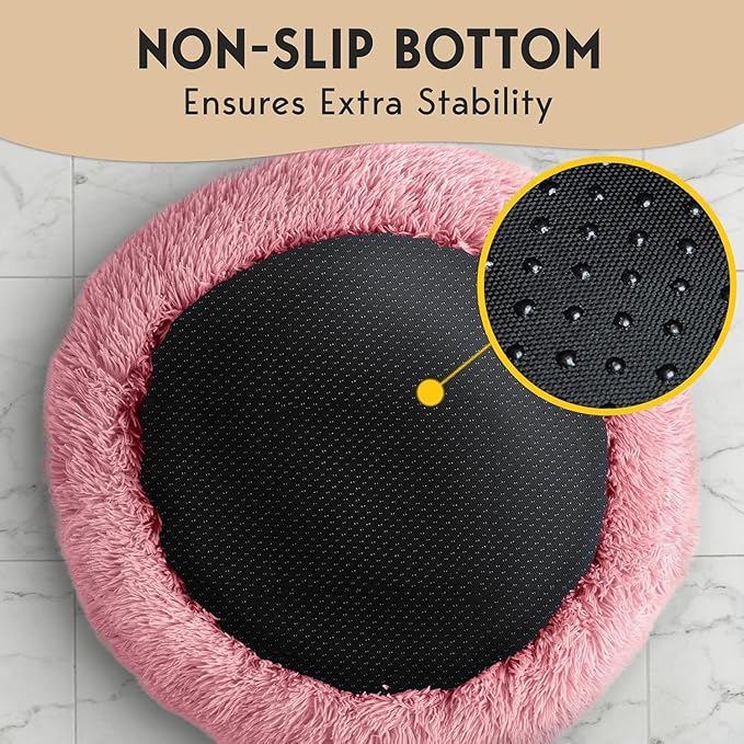 PetJett Calming Large Dog Bed - 36'' Donut Dog Beds, Anti-Slip & Washable Large Round Bed, Fluffy Faux Fur Pet Bed, Super Soft Anti-Anxiety Premium Comfort Bed, Fits Dogs up to 100 lbs - Pink