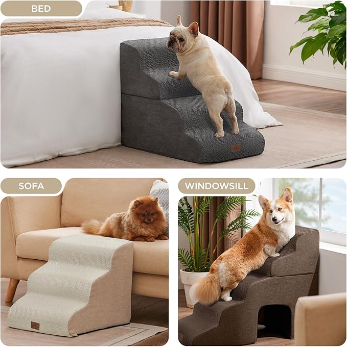 Joydeco Dog Stairs for Bed 17.1" H, 3-Step Pet Steps for Small Dogs and Cats, Dog Steps for High Bed, Non-Slip Balanced Ramp Indoor Pet Stairs, Brown