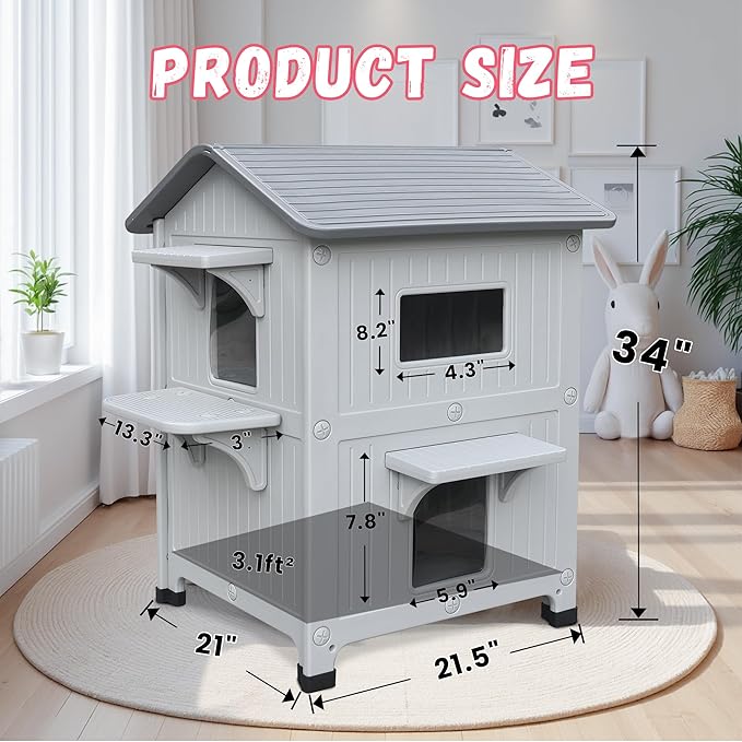 Plastic 2 Story Outdoor Cat House with Soft Mat,Cat House for Outdoor Cats with Escape Door, Waterproof Outside Cat Shelter, Clean and Assemble Easily