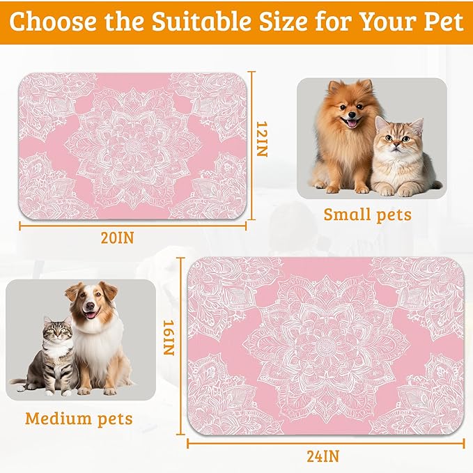 Pet Feeding Mat,Boho Mandala Absorbent Dog Cat Food Mat Pink Flower Dog Mat with Rubber Backing,Non-Slip Water Bowl Placemat,Pet Supplies 12" x 20"