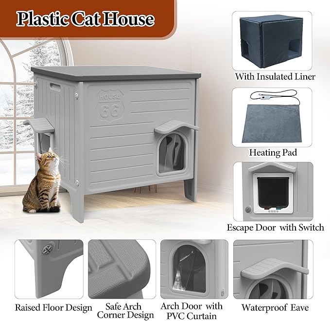 Deblue Heated Cat House for Outside with Insulated Foam for Outdoor Cats,Plastic Weatherproof Insulated cat House, Cat Shelter for Feral Cats