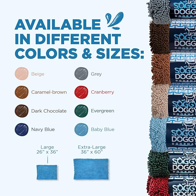 Soggy Doggy Doormat Plain Solid Color Design - Ultra Absorbent Microfiber Chenille Wet Dog Mat for Muddy Paws - Non-Slip and Machine Washable (Blue, Large 26” x 36”)