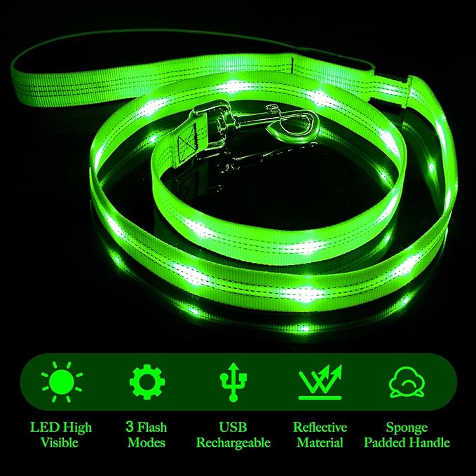 Illumifun LED Dog Leash, USB Rechargeable Glowing Light Up Dog Leash, Nylon Flashing Safety Pet Light for Night Walking (GreenⅡ)