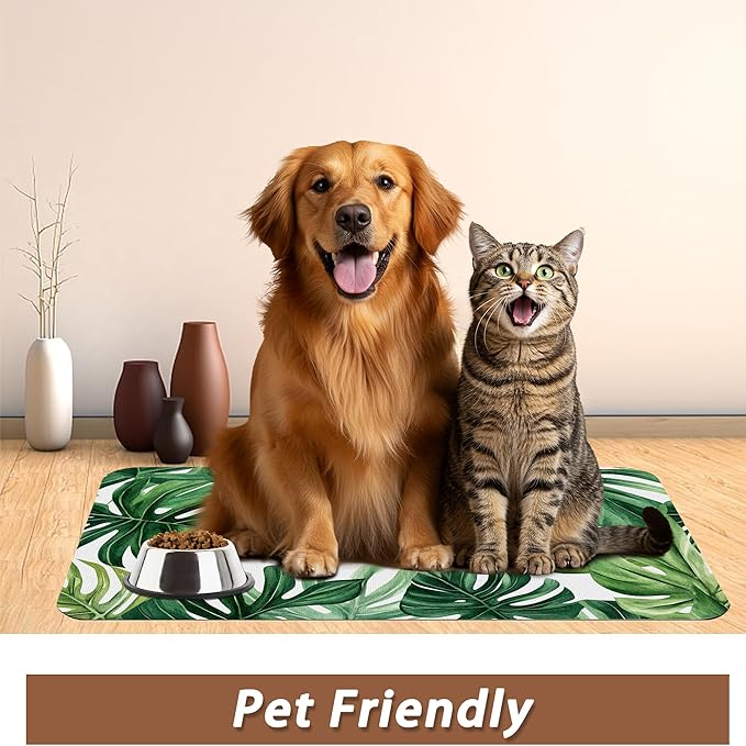 Palm Leaf Pet Feeding Mat,Boho Absorbent Quick-Dry Cat Dog Food and Water Bowl Mats,Non-Slip Rubber Backing Mat,Cat Dog Accessories Supplies 16"x24"