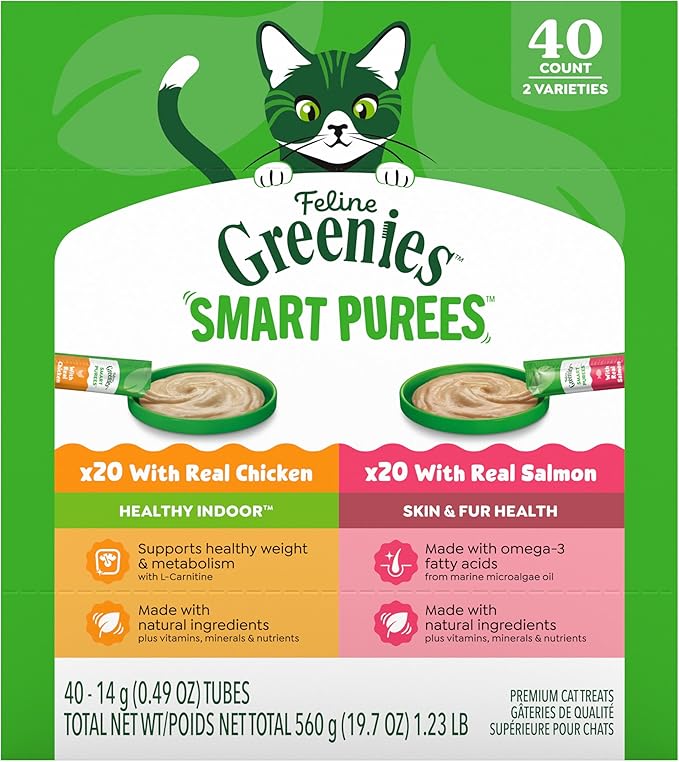 Greenies Feline Smart Purees Healthy Indoor and Skin & Fur Health Lickable Cat Treats, with Real Chicken, with Real Salmon, 0.49 oz. Tubes, 40 Count