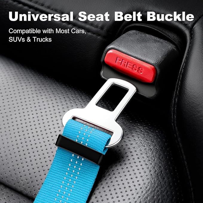 Dog Seat Belt for Car, Adjustable Dog Car Harness Seatbelt for Small Medium Large Dogs, Heavy Duty Travel Safety Restraint with Locking Aluminum Hook & Reflective Nylon Strap, Light Blue