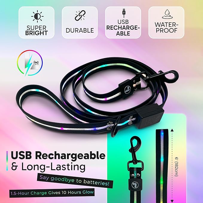Luminoid LED Dog Leash | 6 ft | USB Rechargeable | 12 Multi-Color Animated Effects | Ultra-Bright LEDs Light-up Leash Keeps You & Dog Safe - by Glowy Zoey