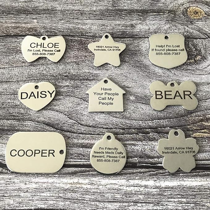 PetANTastic Stainless Steel Pet ID Tags - Engraved Personalized Dog Tags, Cat Tags Front & Back up to 8 Lines of Text – Bone, Round, Heart, Flower, Badge, House, Star, Rectangle, Bow Tie