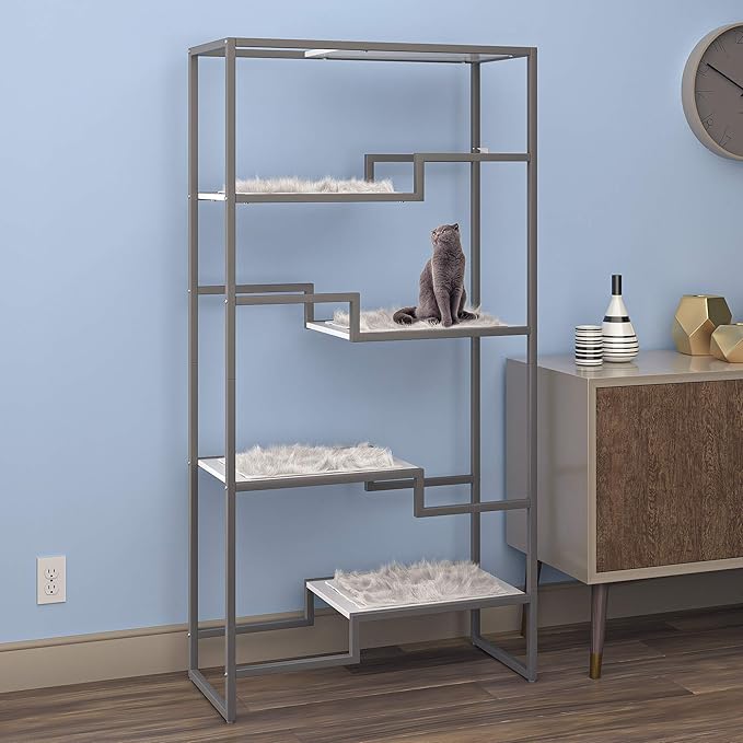 The Refined Feline 62 Inch Tall Metropolitan Cat Condo, Gray Metal Frame Cat Tower, Multi-Level Modern Cat Tree for Indoor Cats, White Platforms with Faux Fur Replaceable Cushions