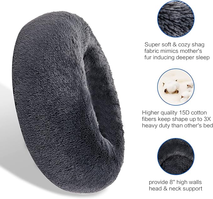 SAVFOX Calming Dog Bed, Anti Anxiety Dog Bed, Plush Donut Dog Bed for Small Dogs, Medium, Large & X-Large, Soft Fuzzy Comfy Dog Bed in Faux Fur, Cuddler Pet Bed, Washable, Multiple Sizes S-XL