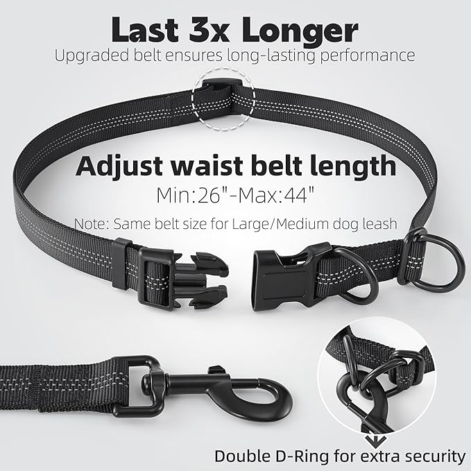 Mile High Life Hands Free Waist Leash for Dog Running Training and Jogging, Adjustable Belt with Double Handle, Reflective Bungee for Medium Large Dogs (Green, 7FT)