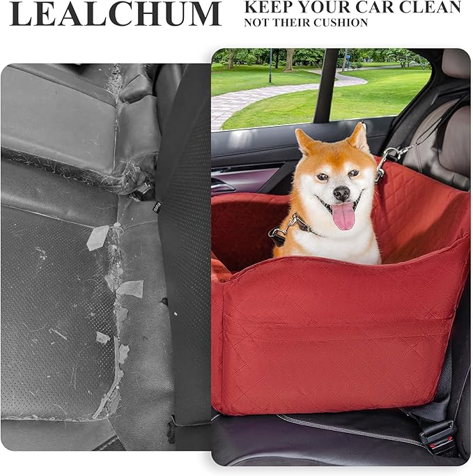 Lealchum Dog Car Seat for Medium/Large Dogs,2 Clip-On Safety Leashs for 2 Small Dogs,Removable and Washable Comfy Pet Car Seat,Easy to Install and Clean (Red, Large)