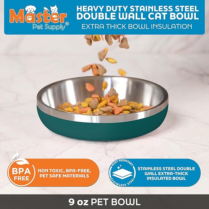 Master Pet Supply Stainless Steel Cat Bowls - 9 oz Heavy Duty - Emerald Sea, Double Wall Extra-Thick Insulated, Non-Slip Pet Water Bowl for Cats & Pets, Anti Rust Metal, Dishwasher Safe